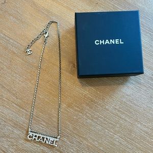 Chanel 22S Gold Crystal Bar Chain Link Name Plate CC Logo Necklace